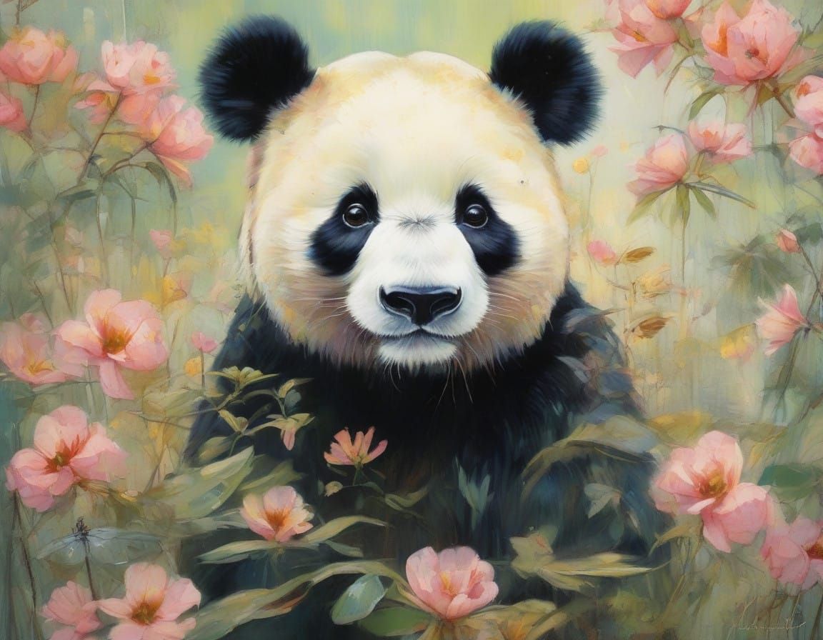 Robotic Panda in a Vibrant Zen Garden