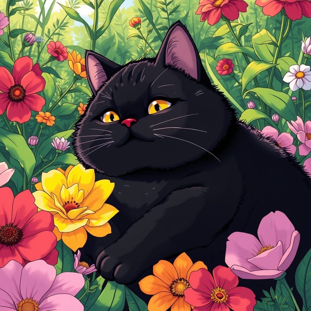 Chubby Black Cat in Flowerbed, Anime Illustration