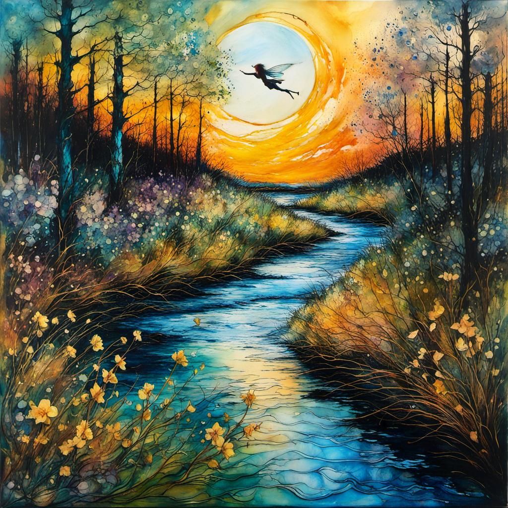 Delicate Fairy Over Creek in Encaustic Style