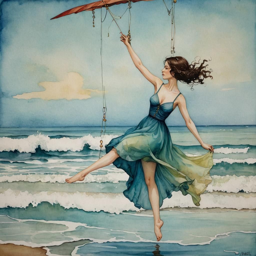 Woman Hang Gliding Over Ocean in Watercolor Folk Art