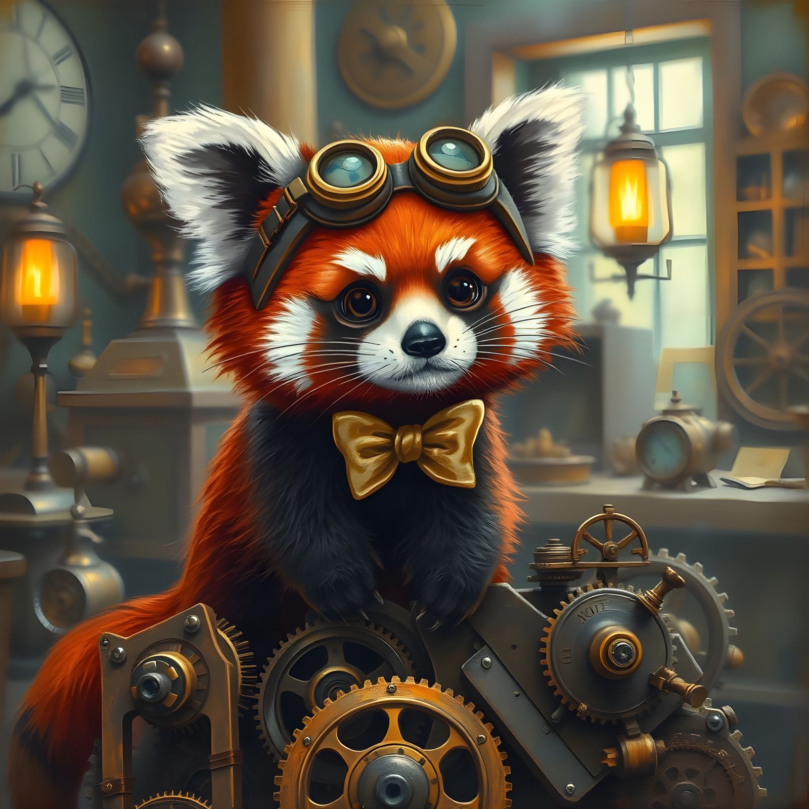 Whimsical Steampunk Red Panda in Victorian Workshop Oil Pain...