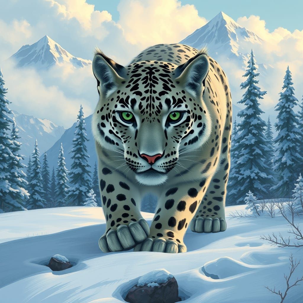 Snow Leopard in Misty Mountains: Expressive Digital Art