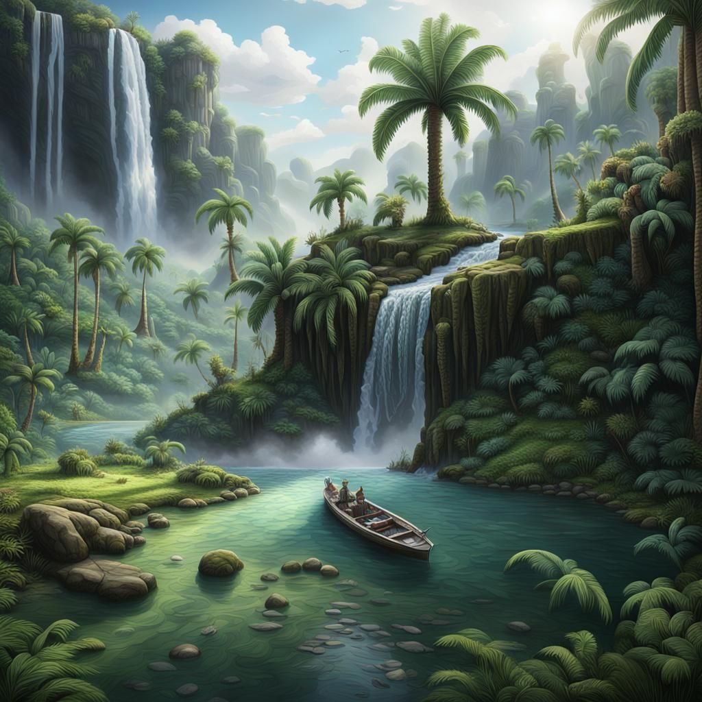 Colossal Stone Hand with River and Boat