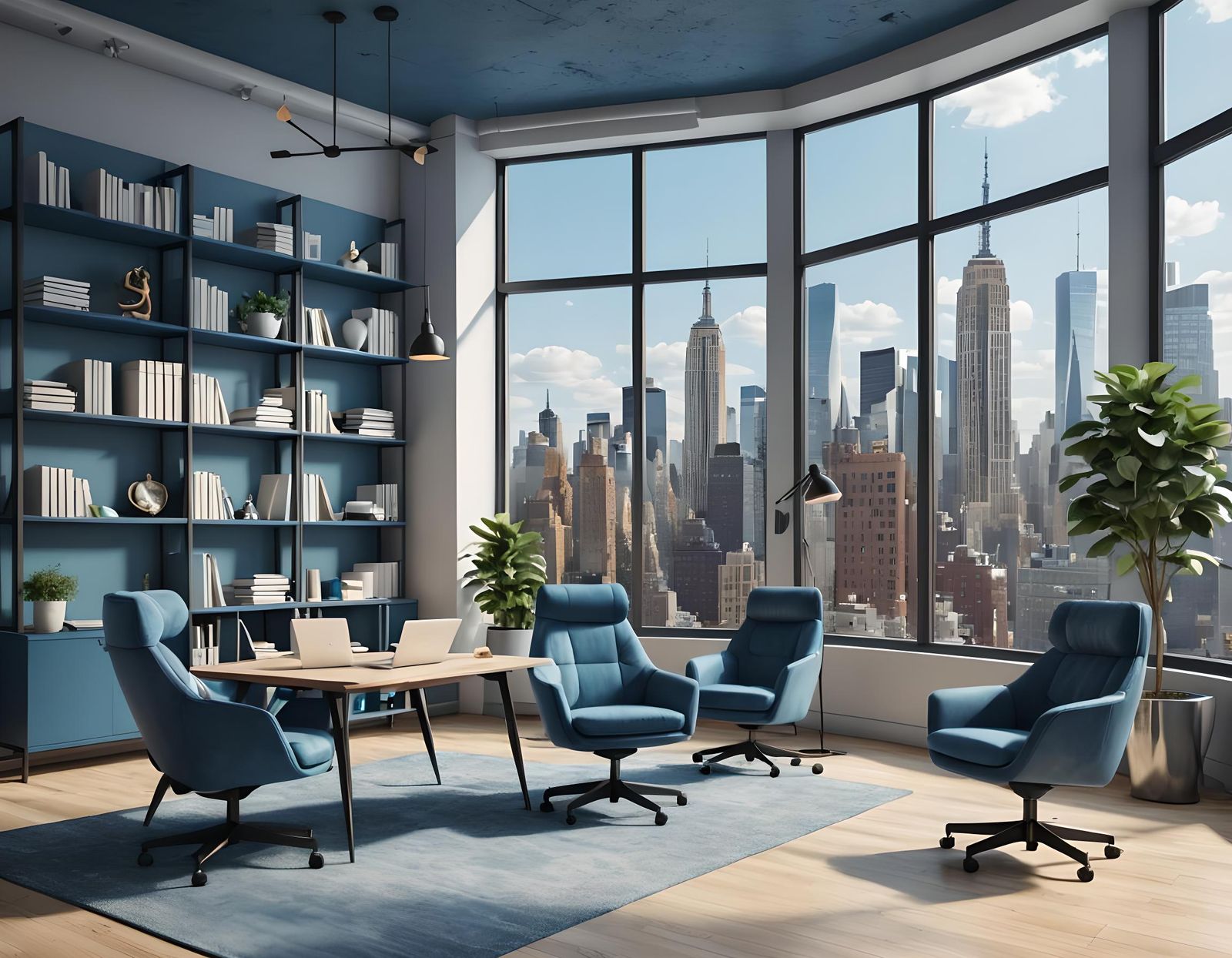 Modern Blue Office Interior with New York View