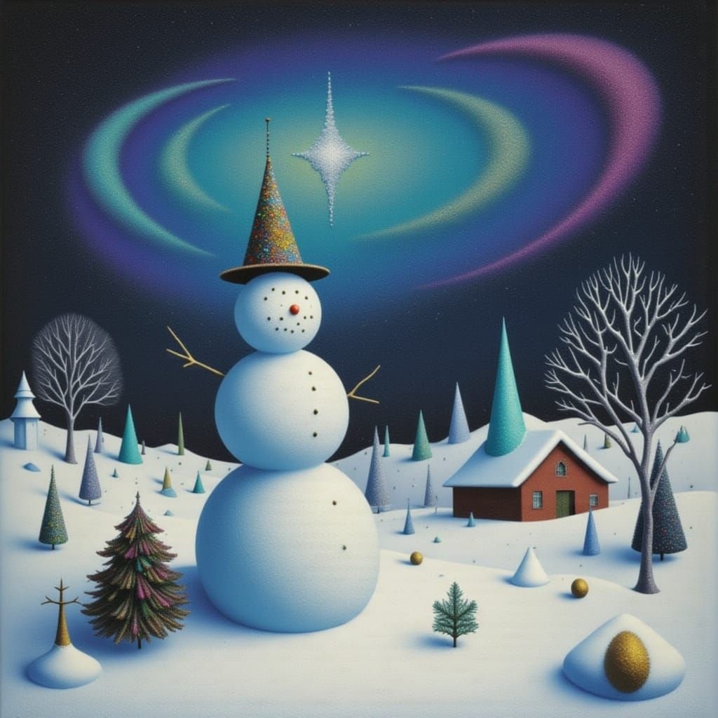 Folk Art Snowman Under Cosmic Aurora