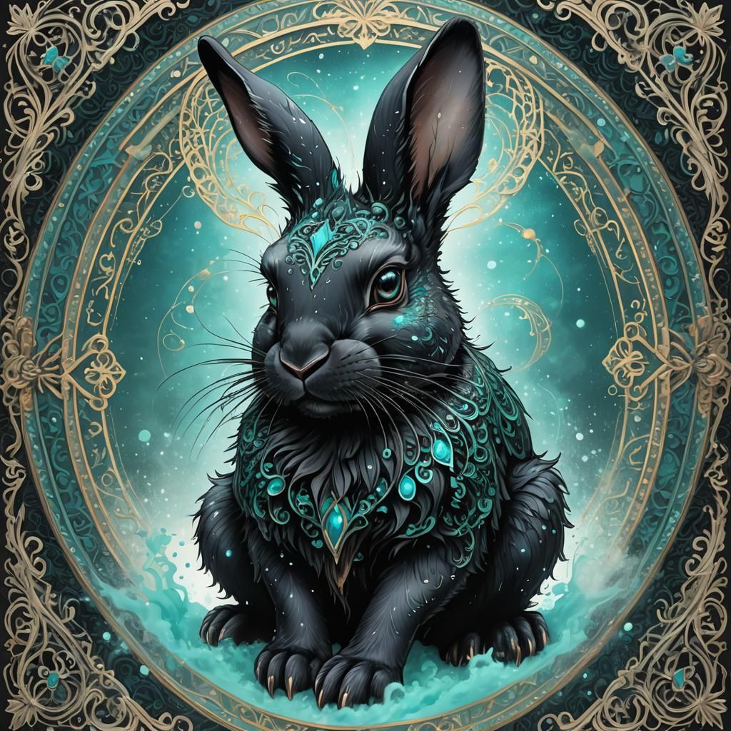 Vibrant Black Rabbit with Turquoise Eyes in Anime Style
