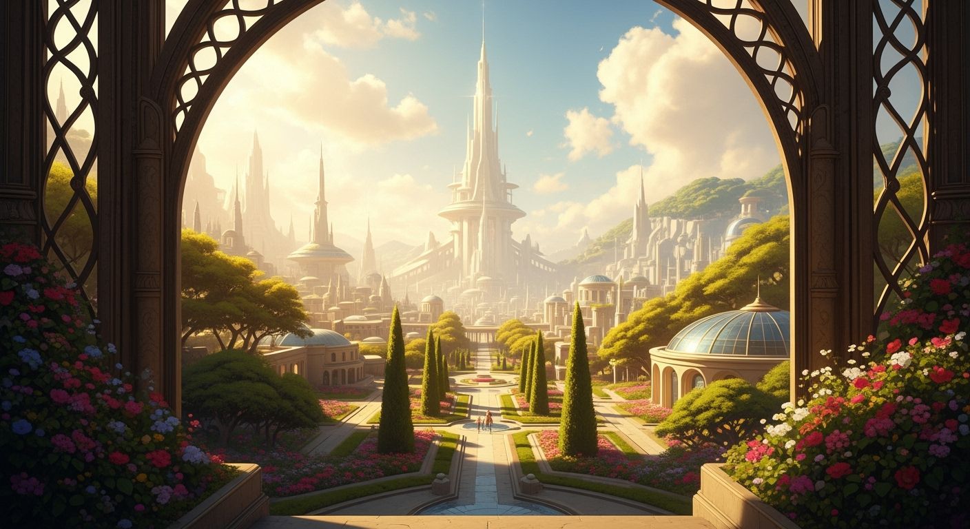 "A radiant, futuristic cityscape viewed through a mystical gate. The city is bathed in warm, golden light, with elegant ...