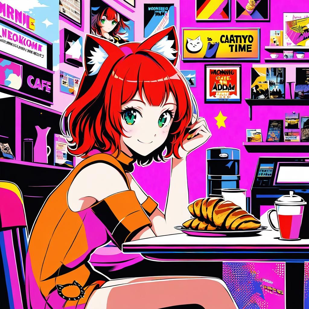 Pop Art Cat-Girl in Tokyo Cafe