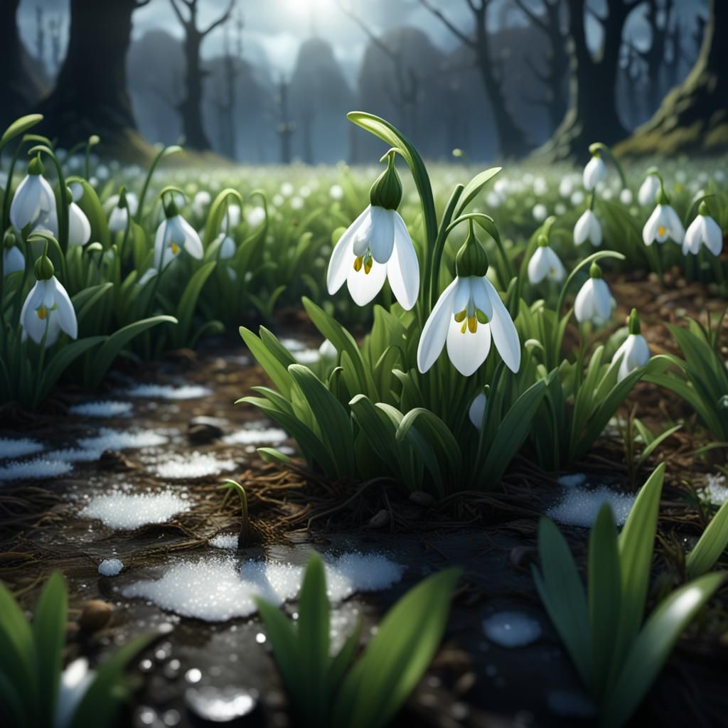 A snowdrop flower on the edge of a field! a masterpiece, 8k resolution, dark fantasy concept art, by Greg Rutkowski, dyn...