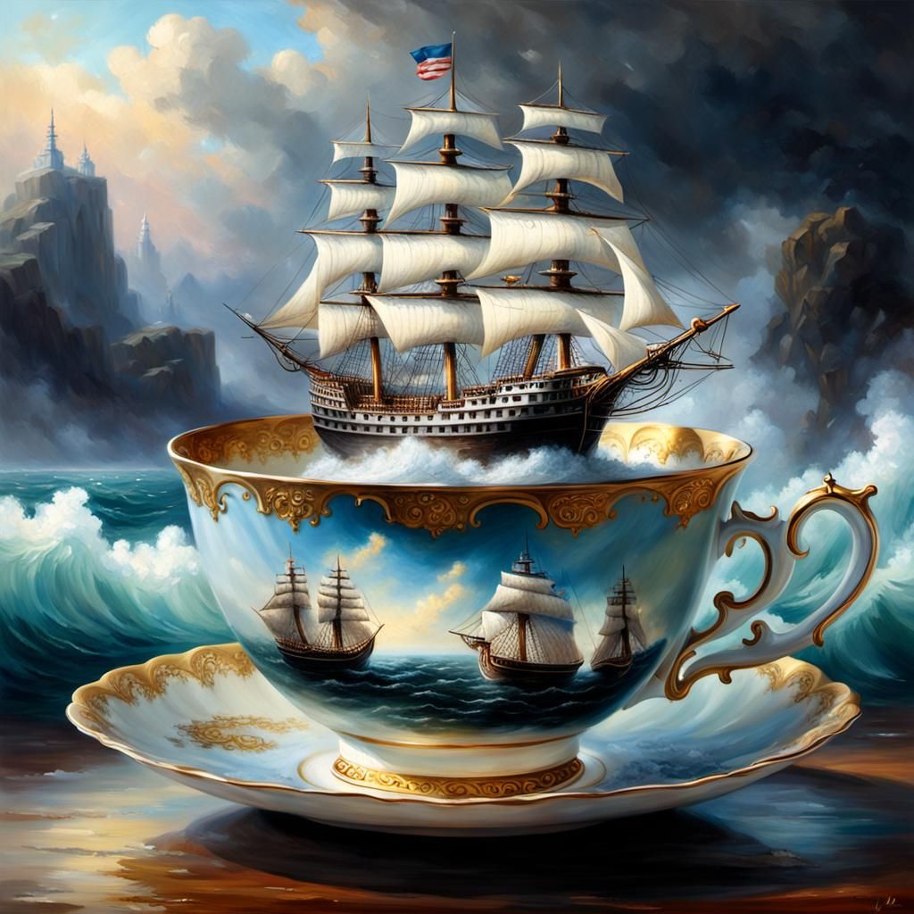 Sailing Ship in Teacup: Hyperrealistic Oil Painting