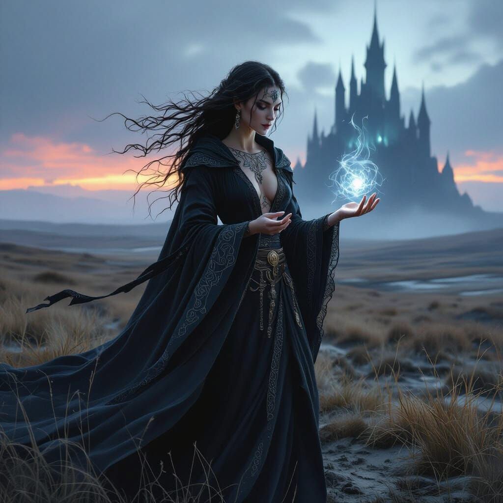Ethereal Sorceress Weaving Magic on Windswept Moor