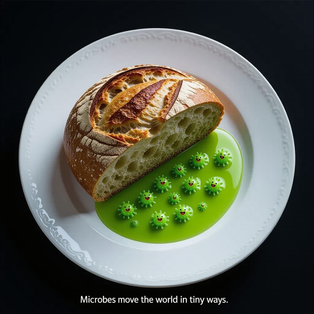 Moldy Bread with Playful Microbes in Hyperrealistic Style