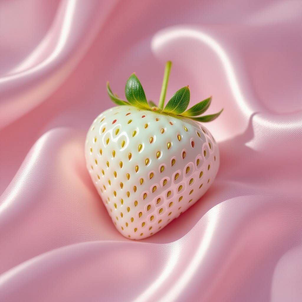Photorealistic Glass Strawberry on Pink Silk