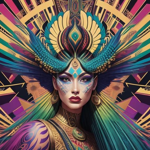 Pop Art Woman with Rainbow Serpent and Peacock Feathers