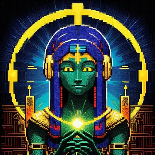 8-bit Alien with Ankh in Pixel Art Style