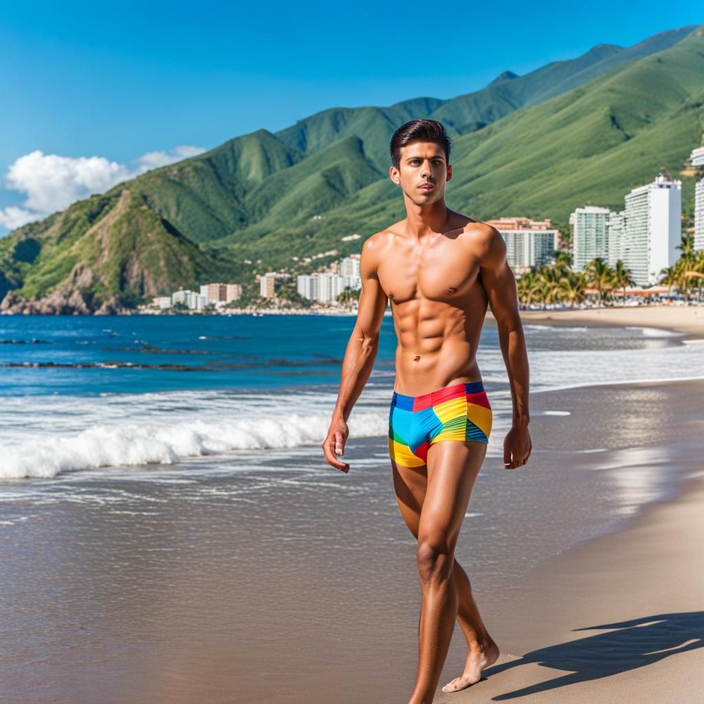 Young Man Walks on Beach in Speedo