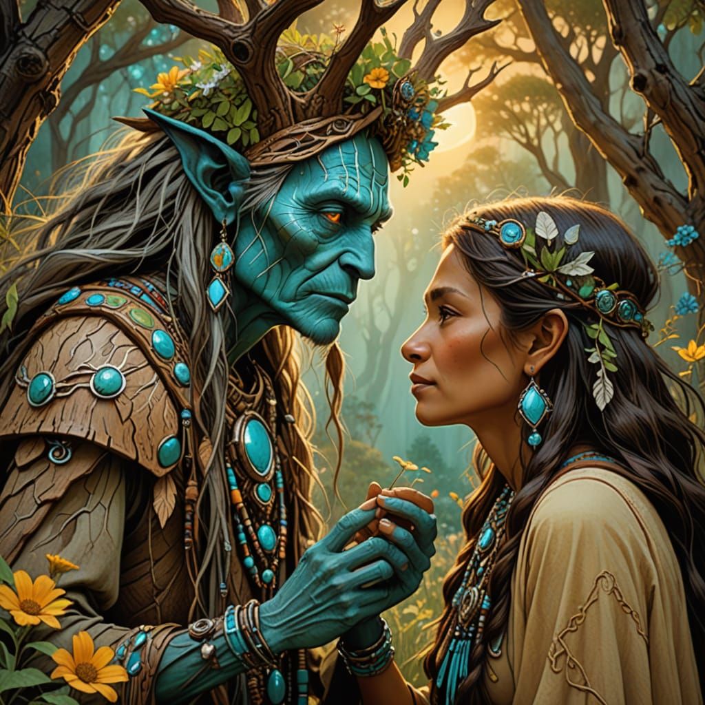Treant Shares Secrets with Navajo Princess, Fantasy Art
