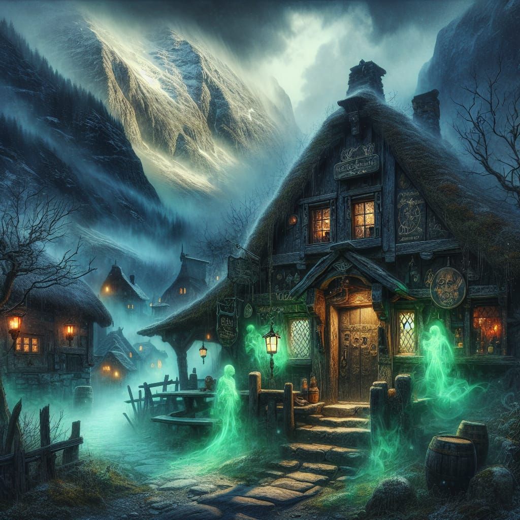 Mysterious Tavern in Mountain Village at Dusk