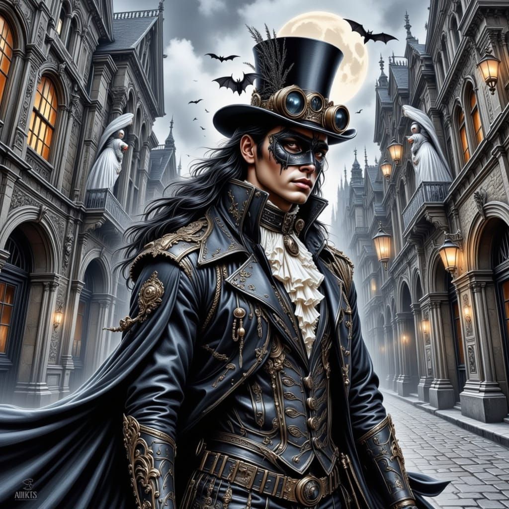 Steampunk Hunter in Gothic Castle, Watercolor Gouache Style