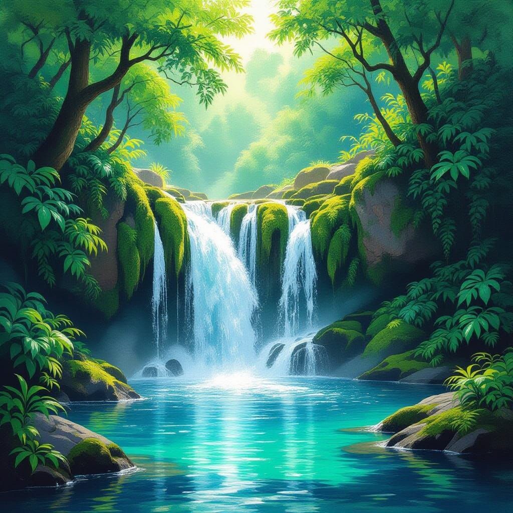 Majestic Waterfall in Nature, Impressionist Masterpiece