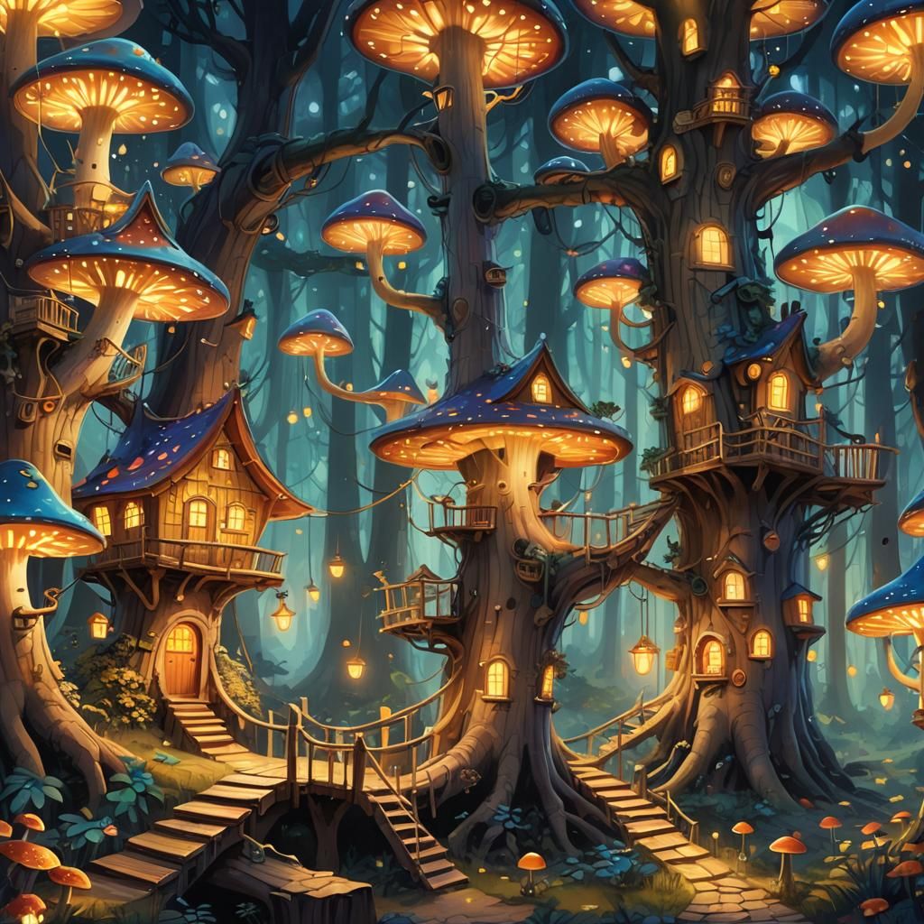 Colorful Treehouses in Forest at Night: Fantasy Illustration