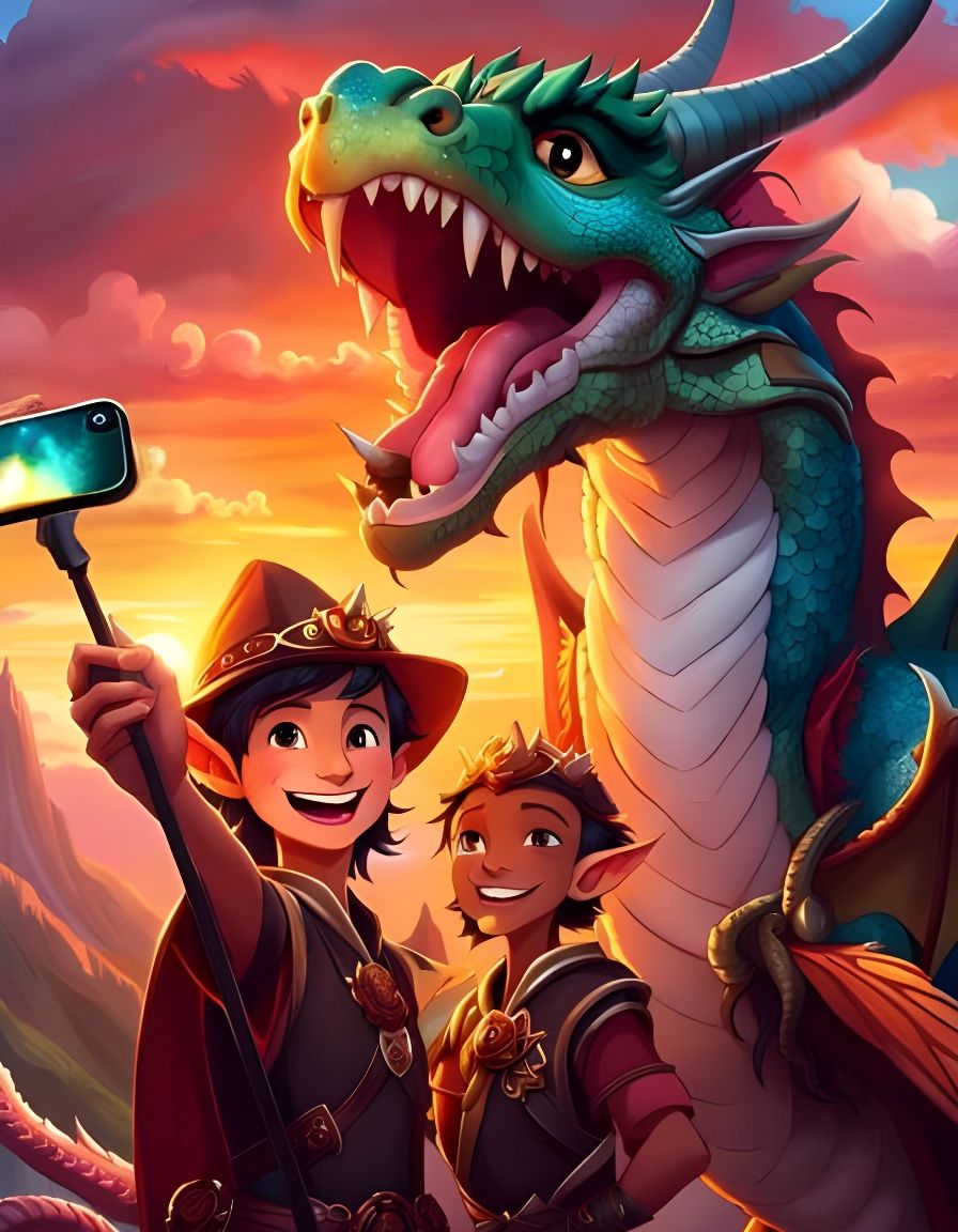 Elf Boys Adventurous Friendly Selfie: selfie with an fantasy dragon friend while in their adventurous journey