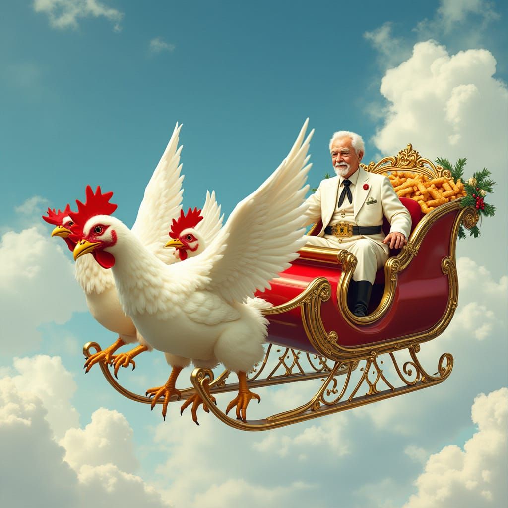 Colonel Sanders in Steampunk Sleigh Ride with Winged Chicken...