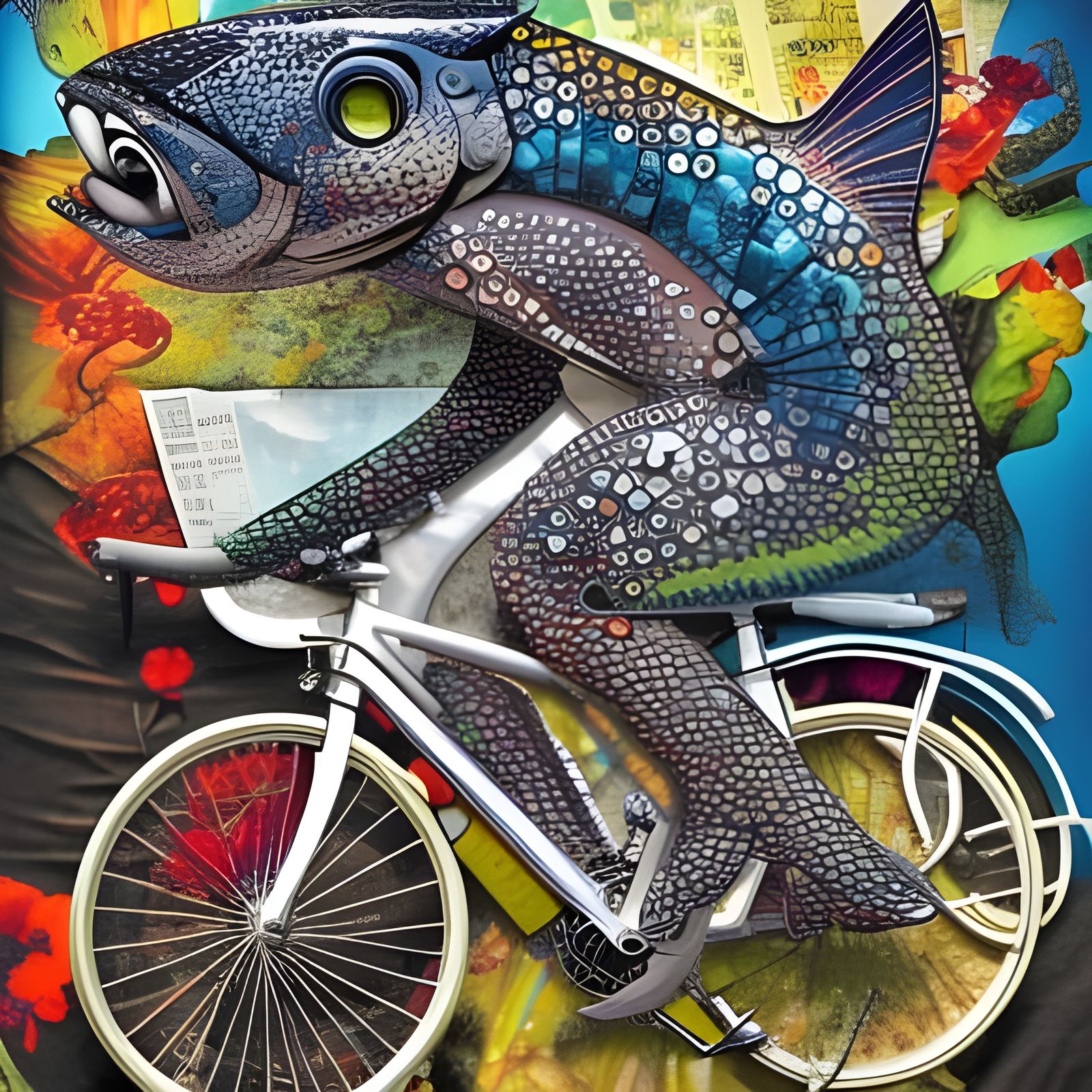 Fish Rides Bicycle in Magazine Collage