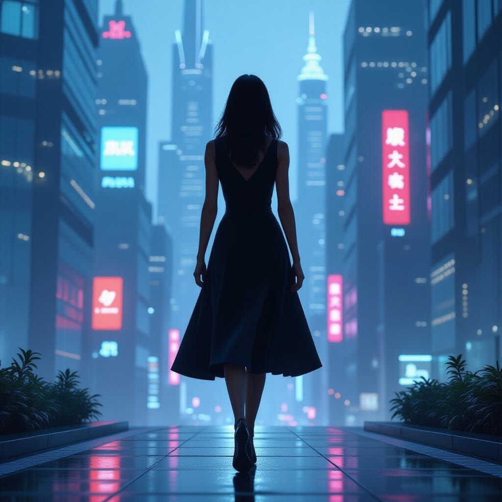 Futuristic Woman in Neon City, Digital Art