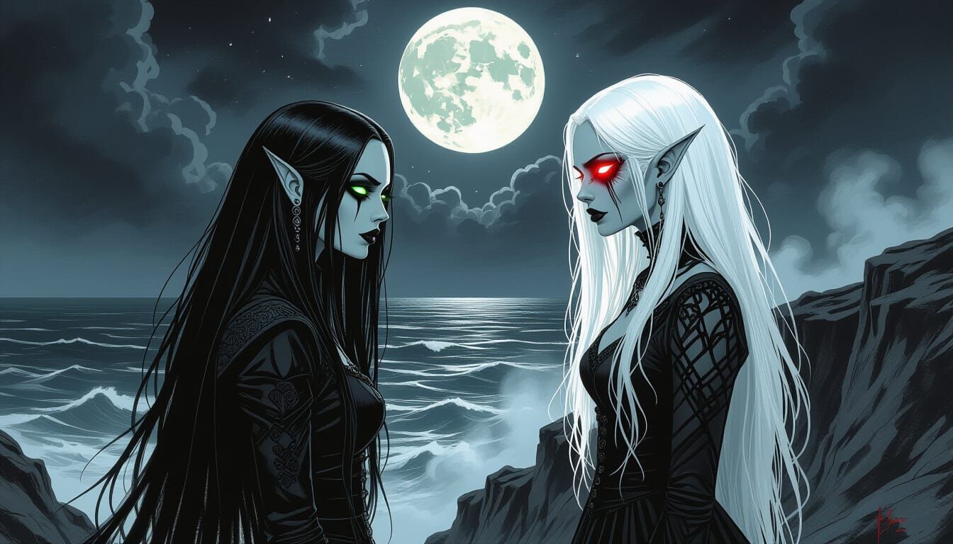 Goth Vampire Meets Demon on Moonlit Cliff