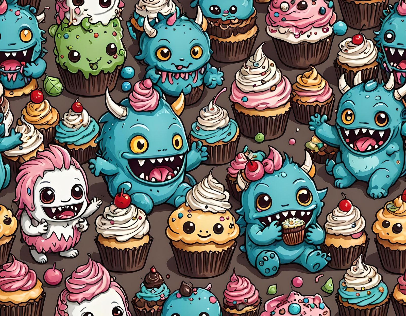 Chibi Monsters Eat Cupcakes: Cartoon Doodle