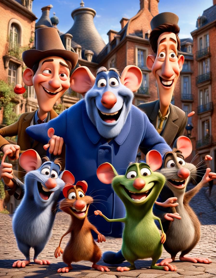 La souris ratatouille souriante avec ses amis