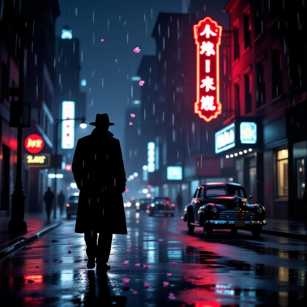 Film Noir Detective in Neon Rain, Cherry Blossom Petal
