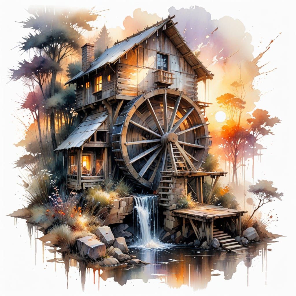 Waterwheel at Sunset in Whimsical Watercolour Style