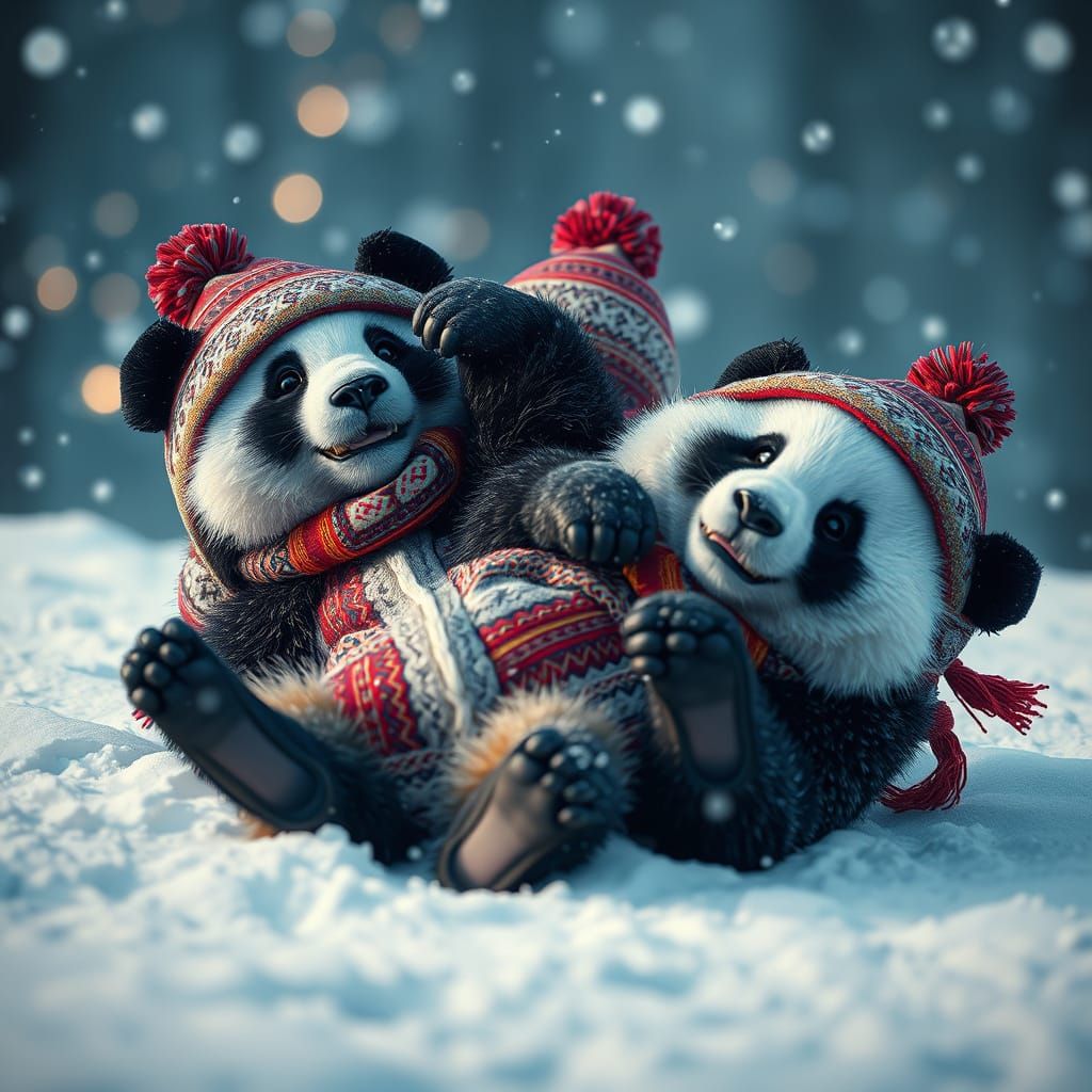 Adorable Pandas Play in the Snow in Vibrant Style