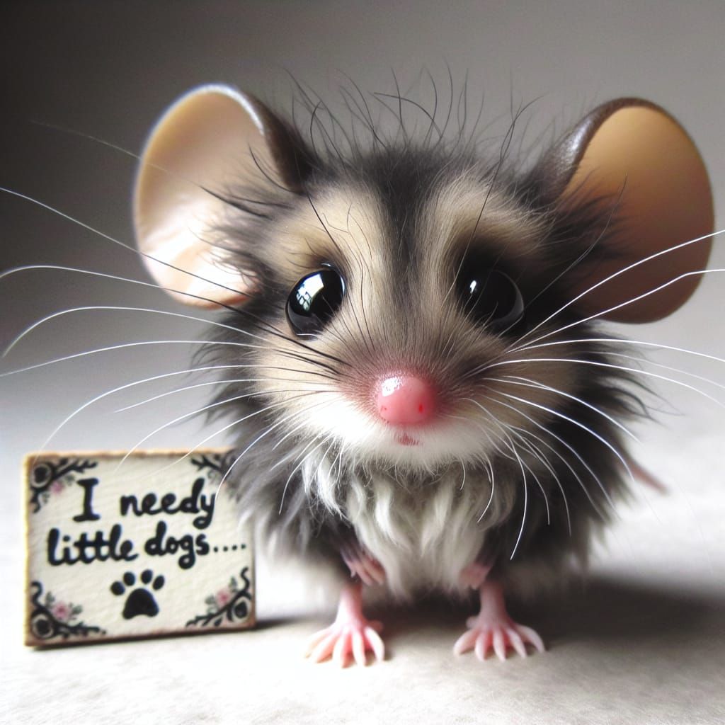 A small, fluffy mouse with prominent whiskers and large, round ears stands on its pink-tipped feet. Its fur is grayish-b...