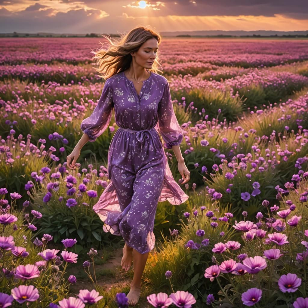 Barefoot Lady in a Field of Flowers at Sunset