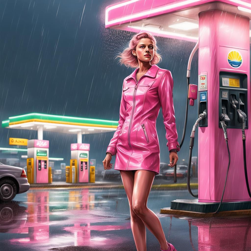 Hyperrealistic Figure in Pink Dress at Gas Station