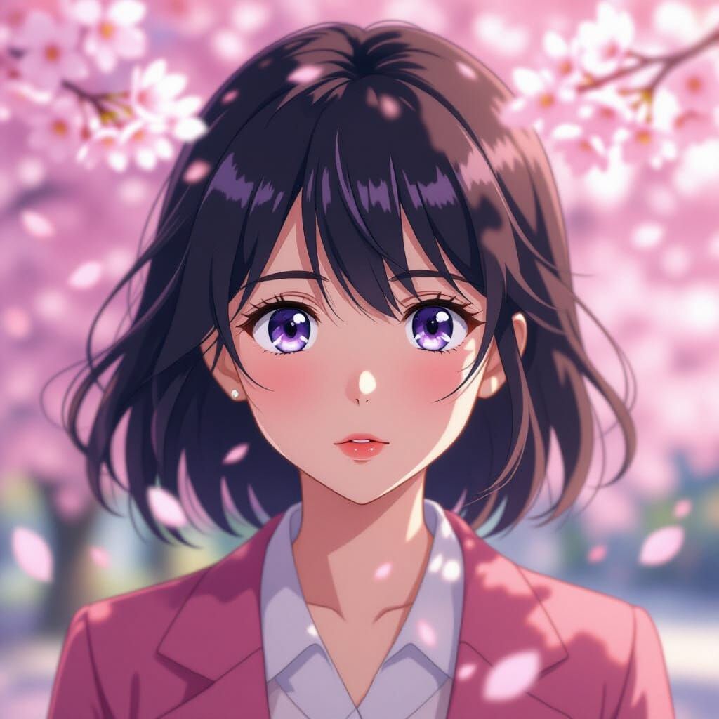Anime Heroine in Shinkai Style with Cherry Blossoms