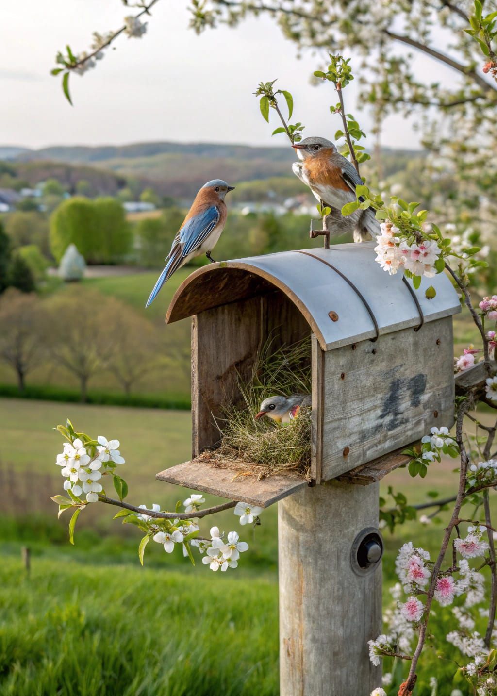 Wildlife Scene of Bluebirds in a Cozy Mailbox Nook