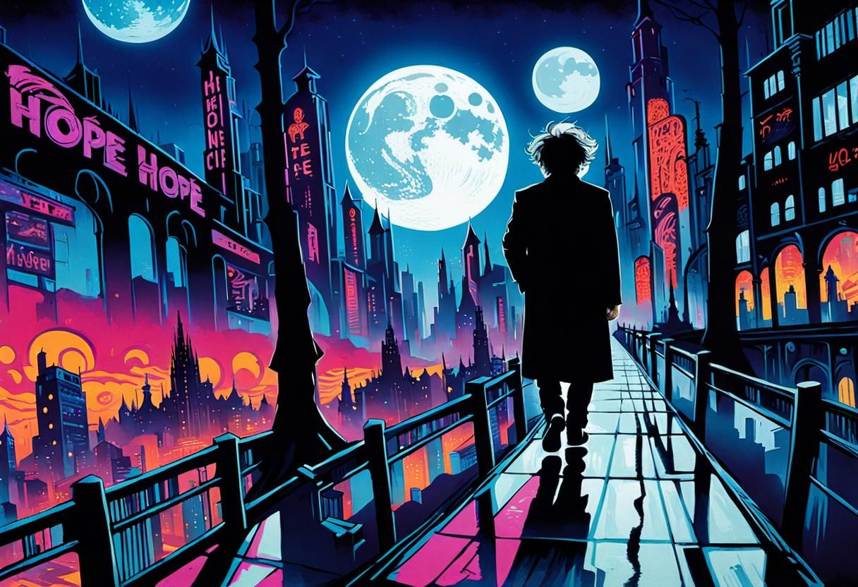 Neon-Noir Cityscape Inspired by Mucha