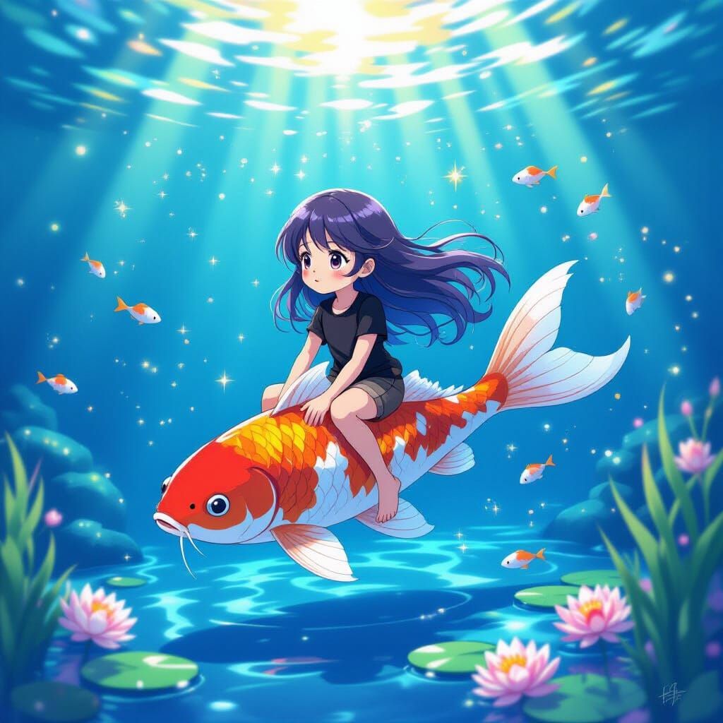 Girl Rides Koi Fish in Dreamy Underwater Scene