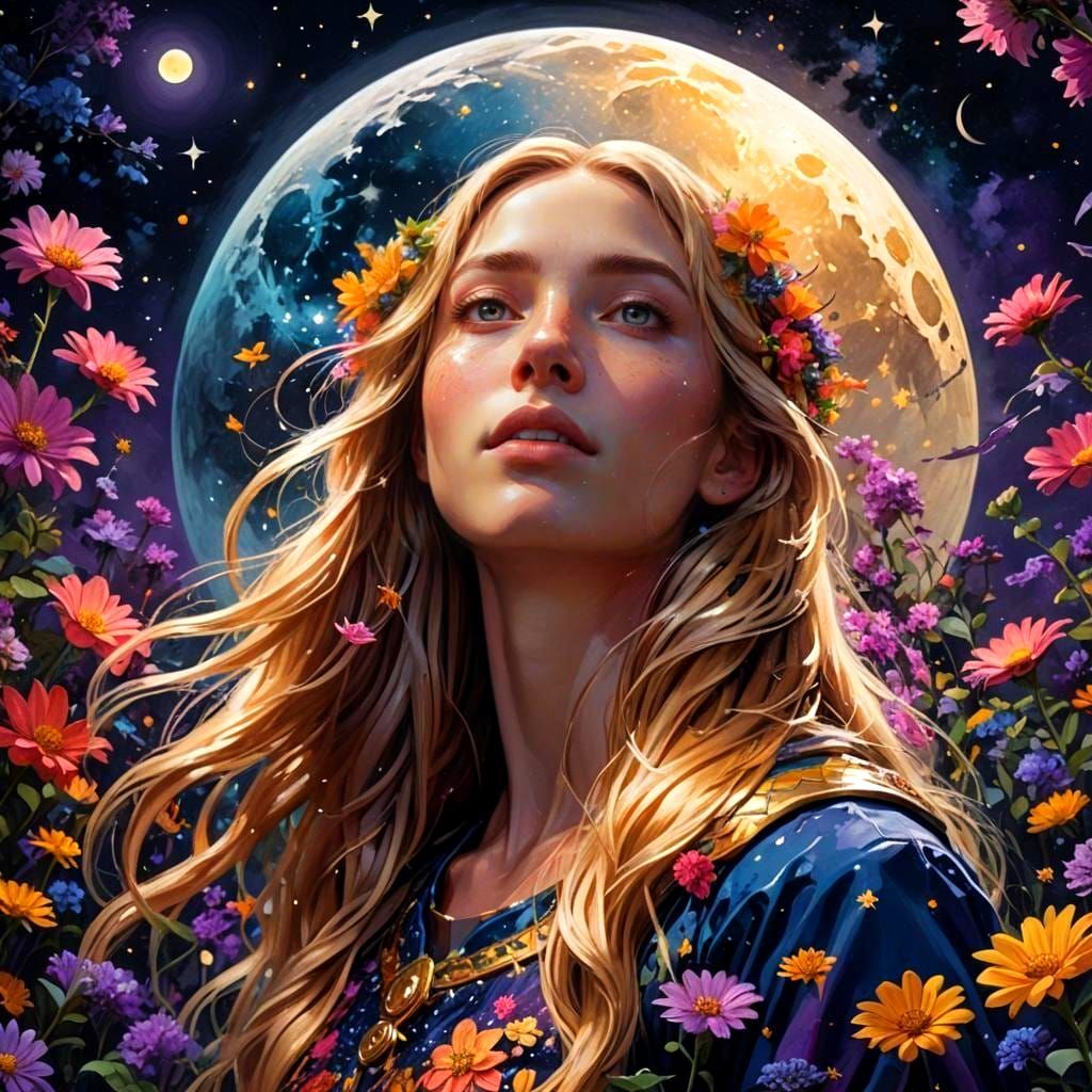 Girl in Flower Garden Gazing at Moon