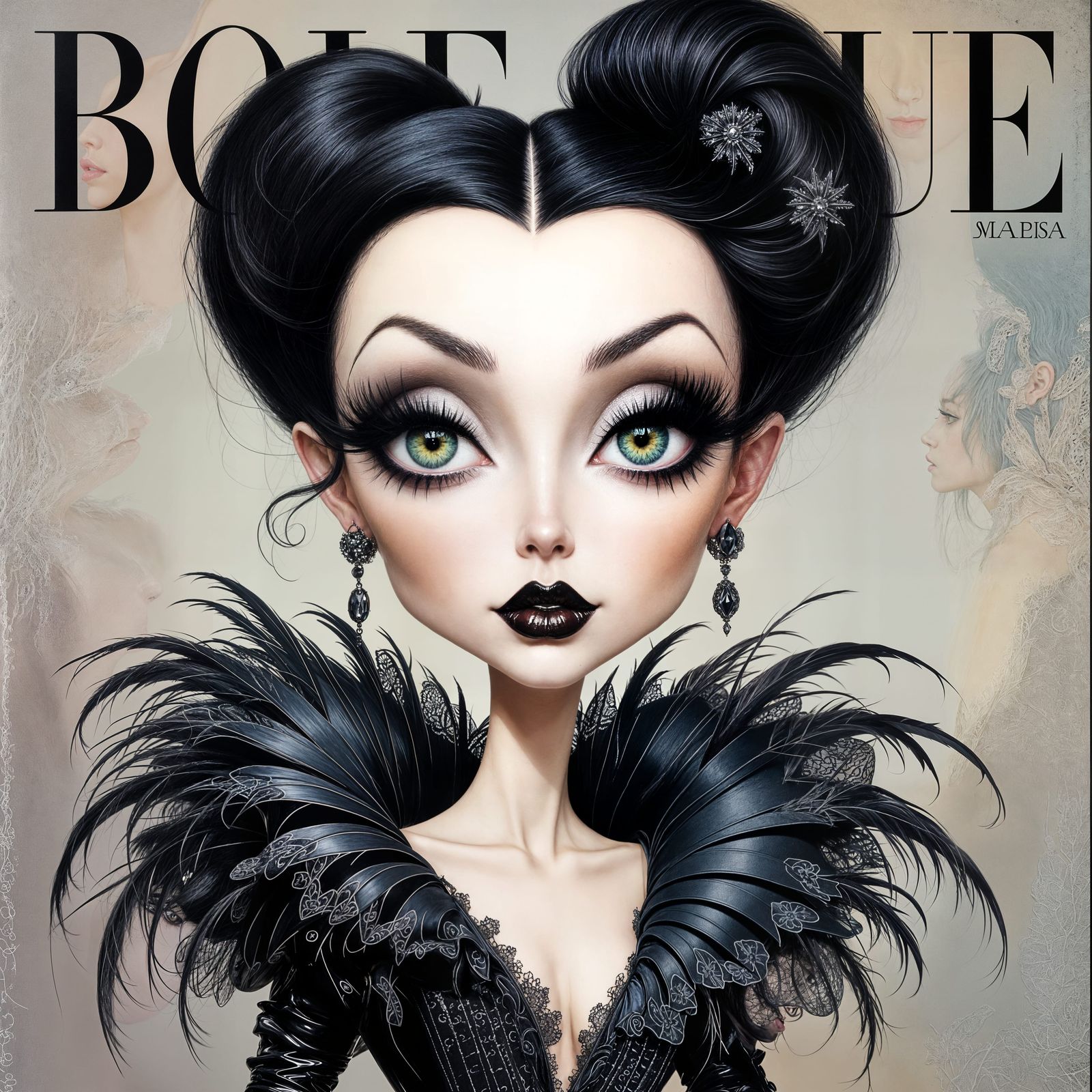 Gothic Model Caricature Oil Painting in Surreal High Fashion...