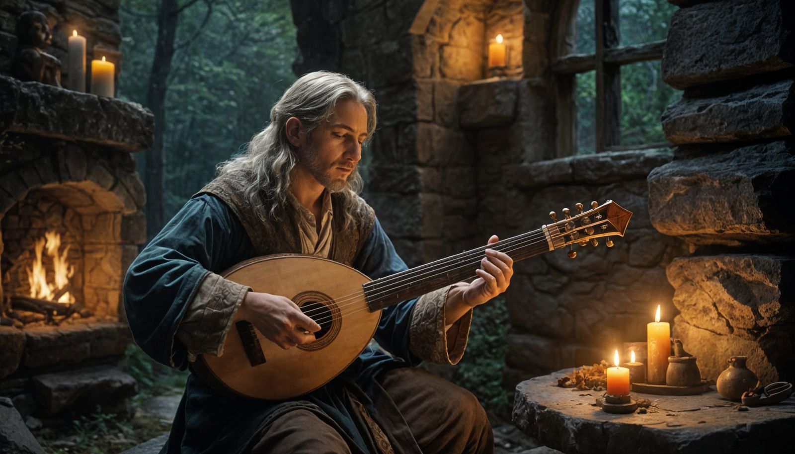 Medieval Bard Plays Lute in Forest Home