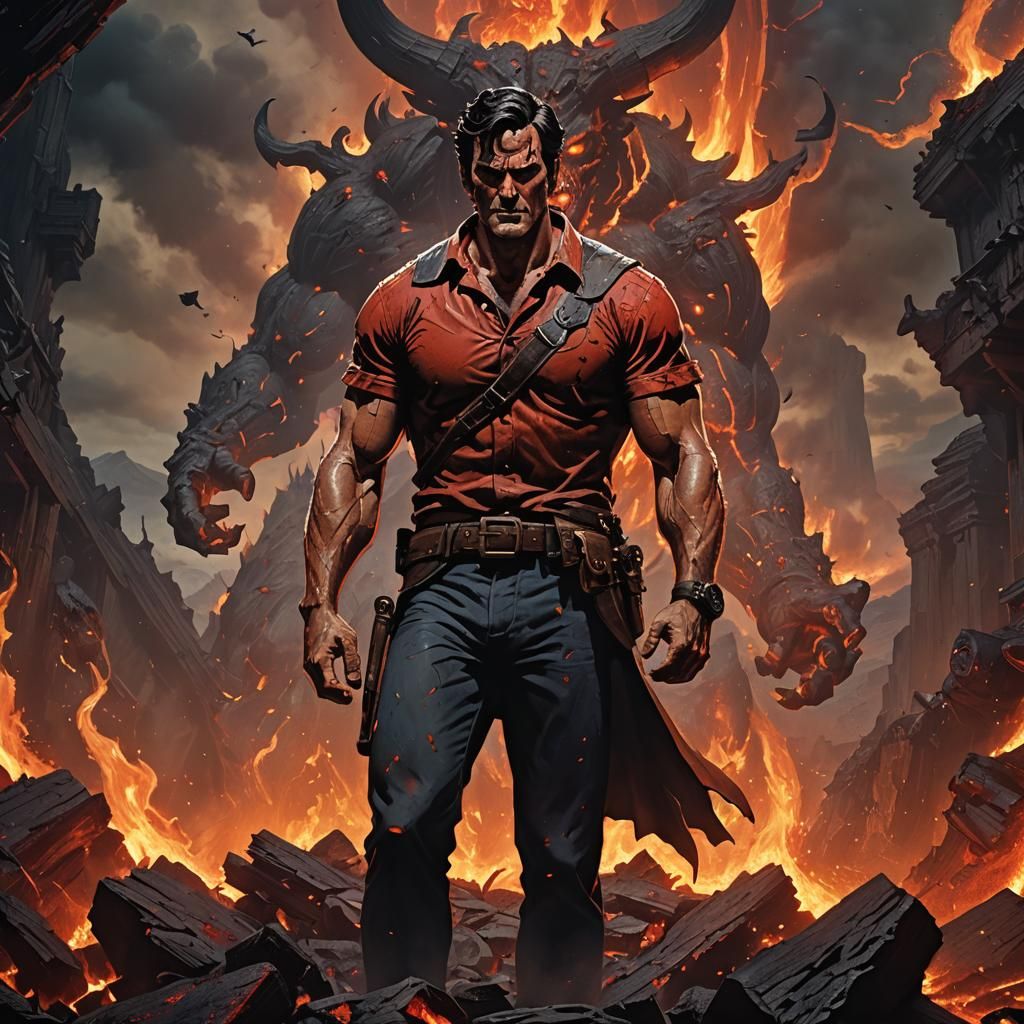 Ash Williams Confronts Satan in Hellish Landscape