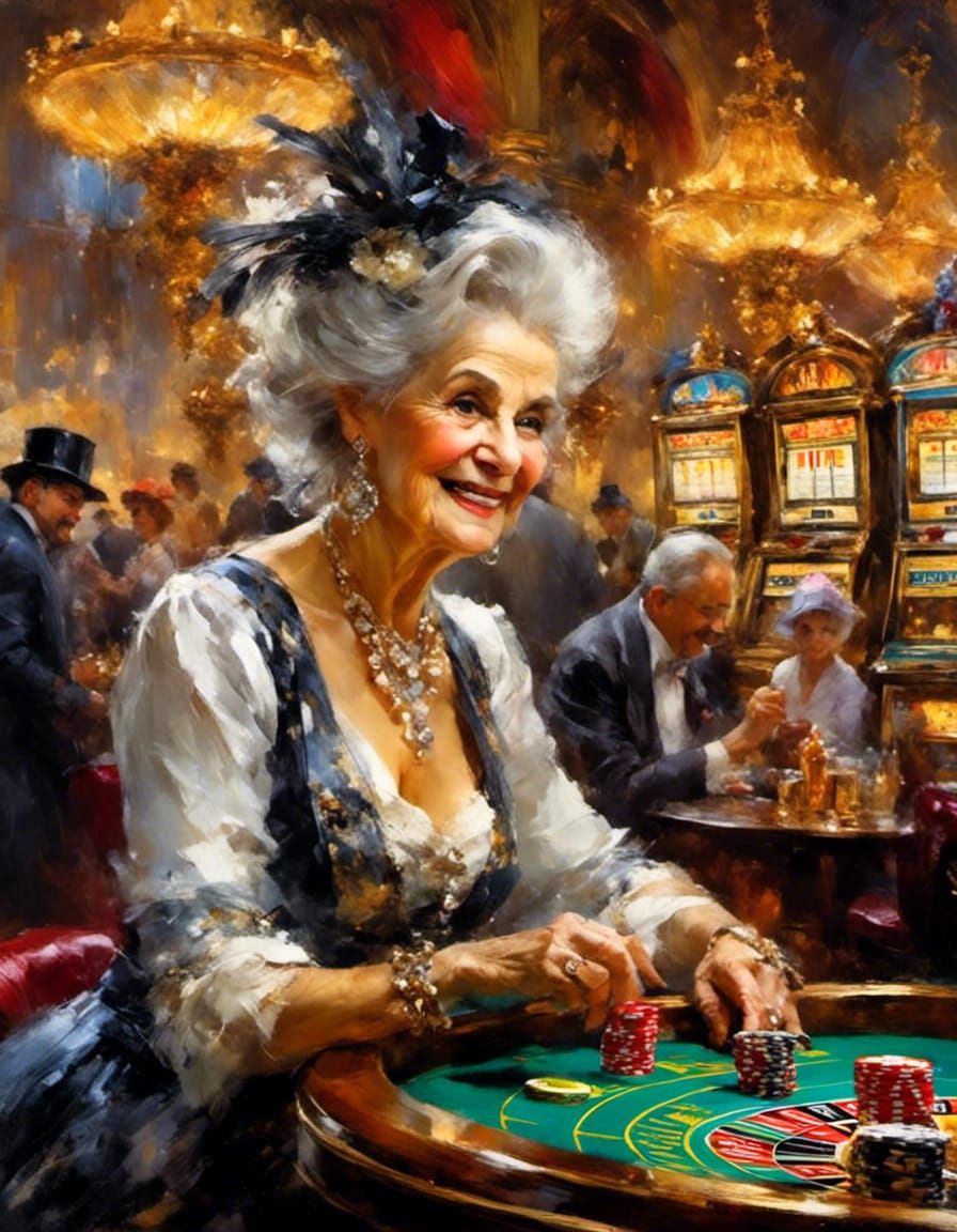 An elderly lady playing in a casino