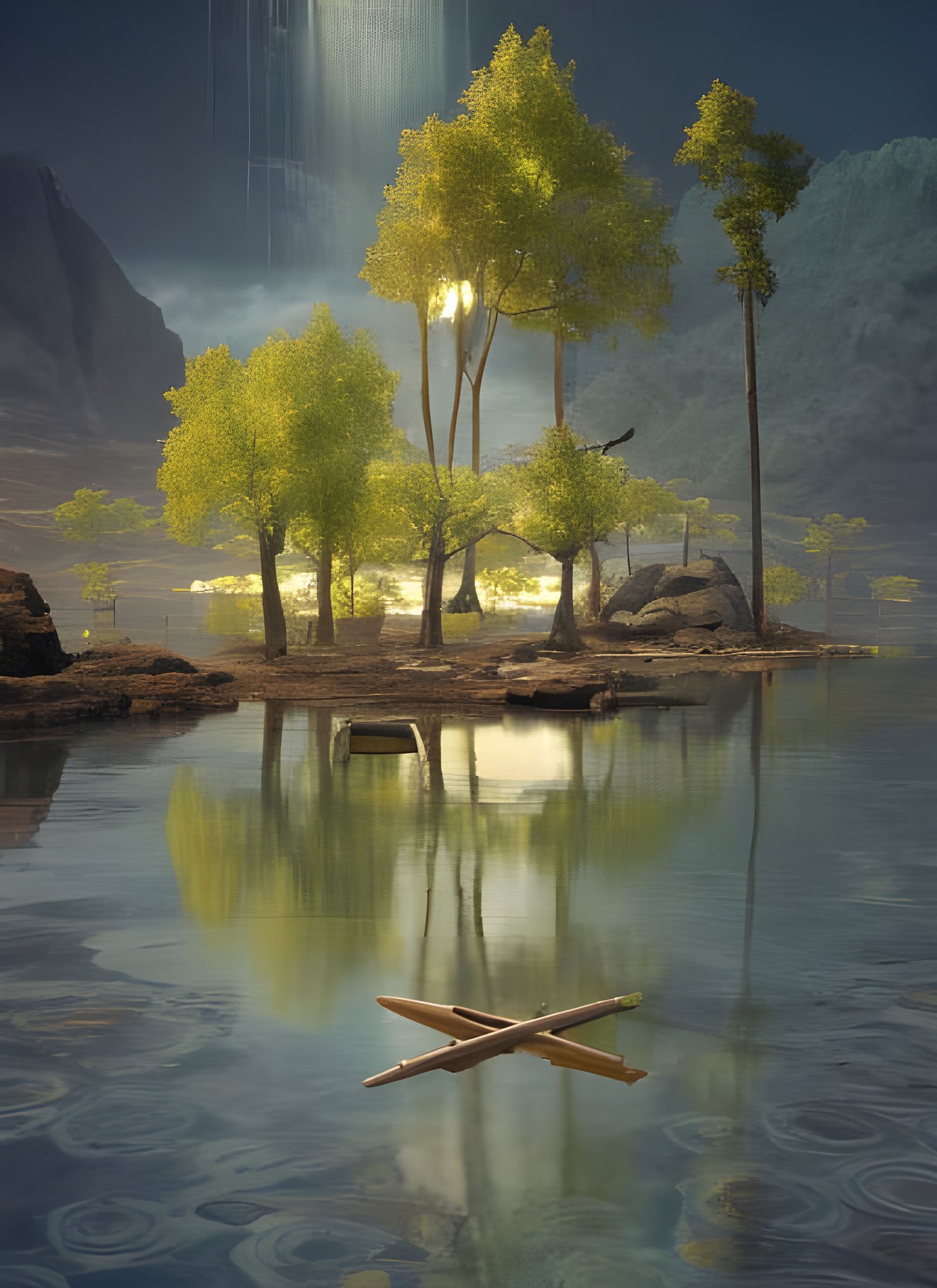 Serene Still Lake in Surreal 3D Render