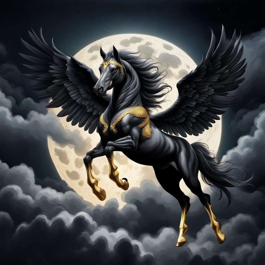 Black Pegasus with Gold Hooves in Midnight Sky