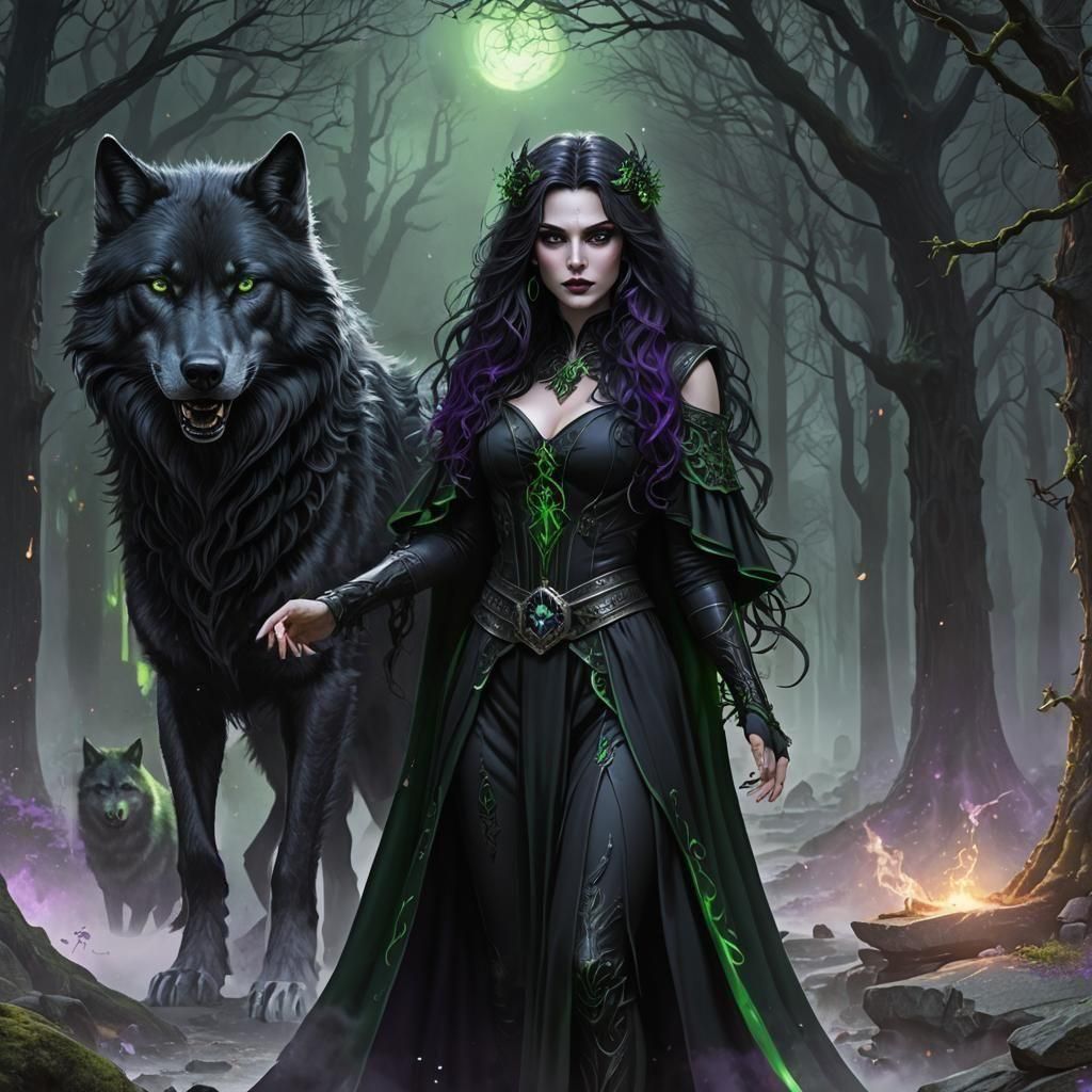 Gothic Sorceress with Wolf: Fantasy Concept Art